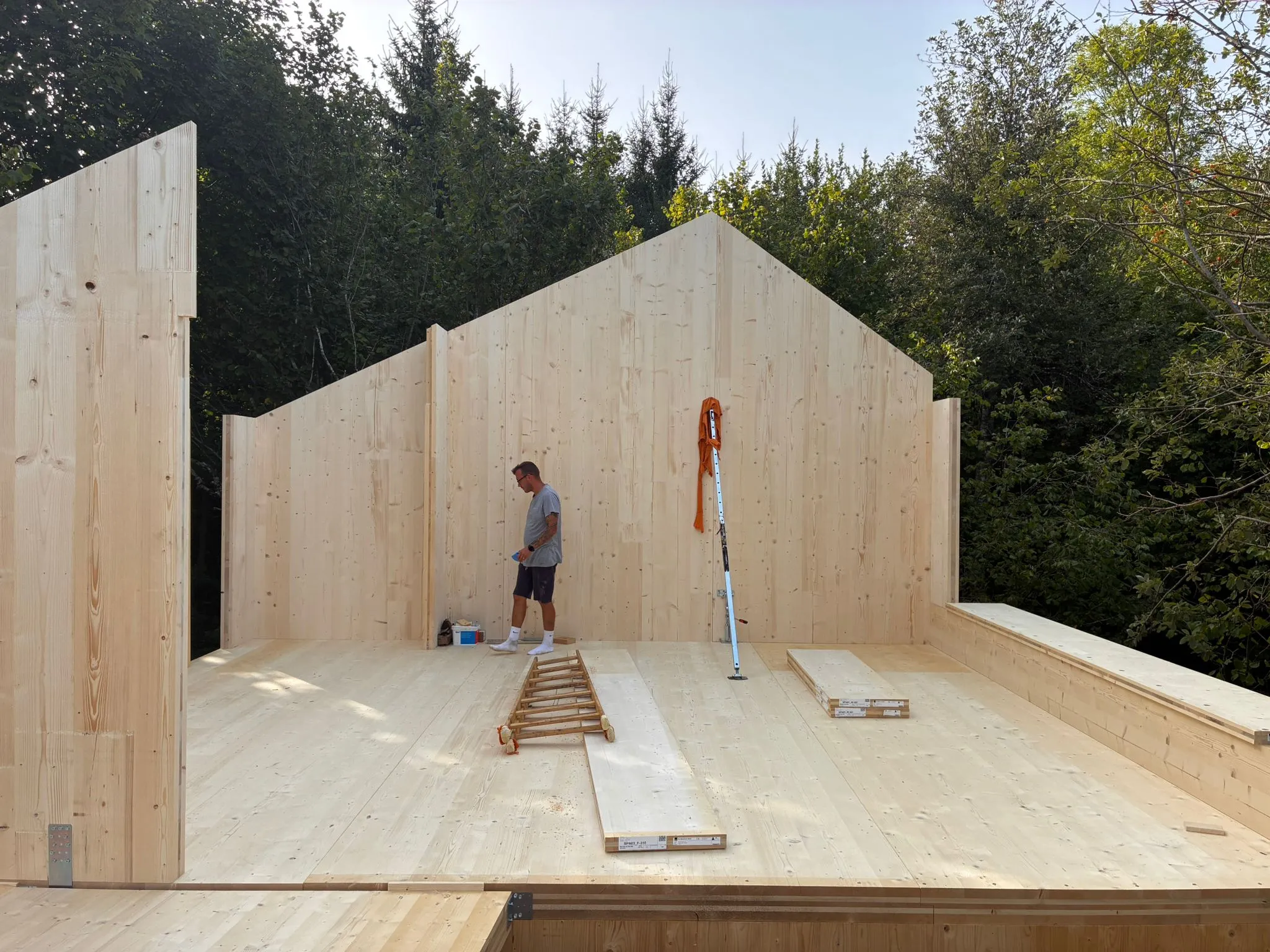 Interior of the cross-laminated timber structure during assembly
