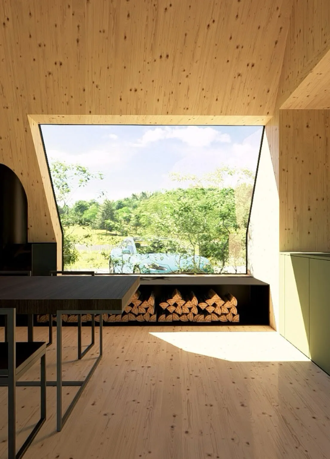 Dining area with floor-to-ceiling forest window