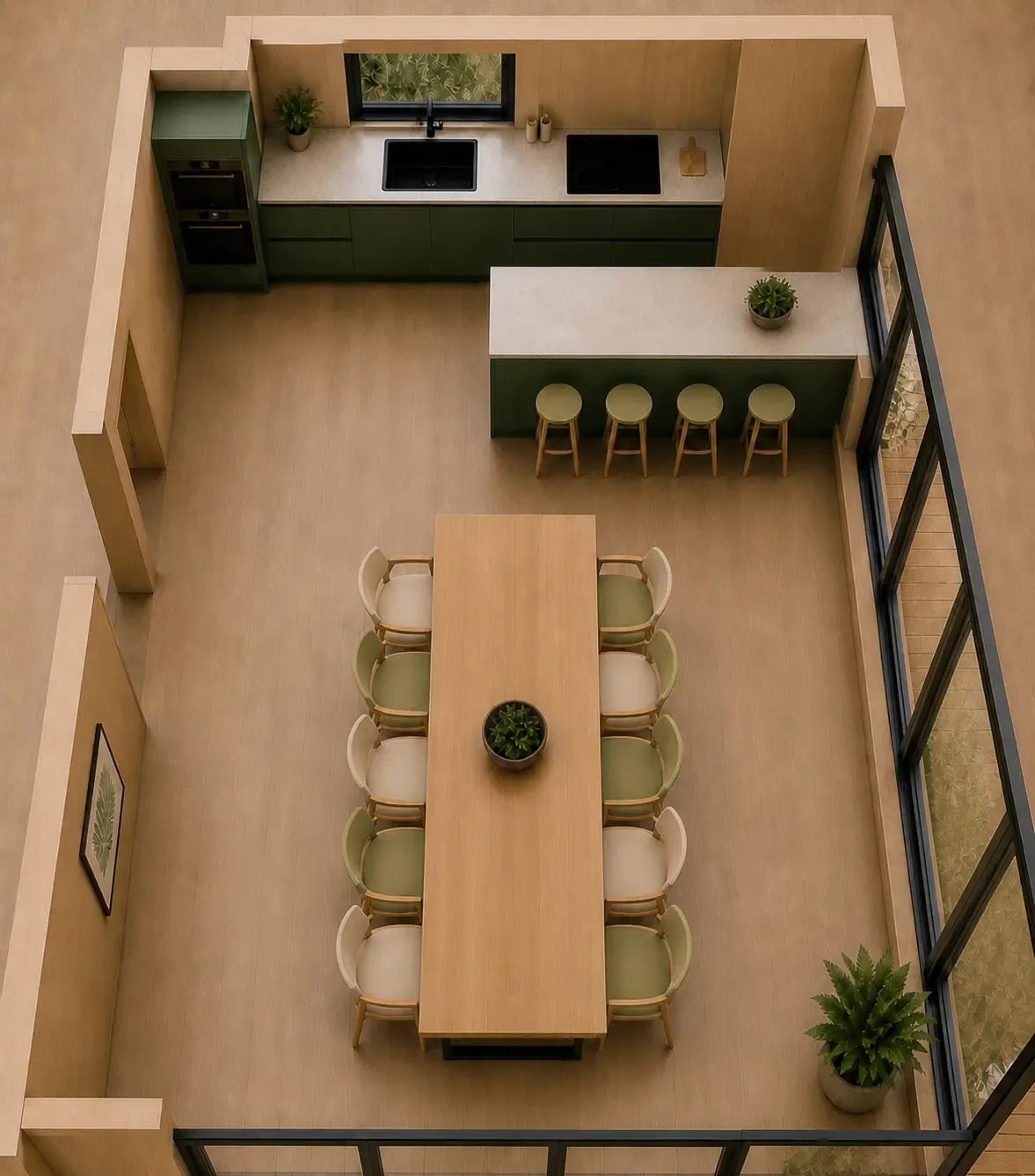 Open-plan kitchen and dining seating ten