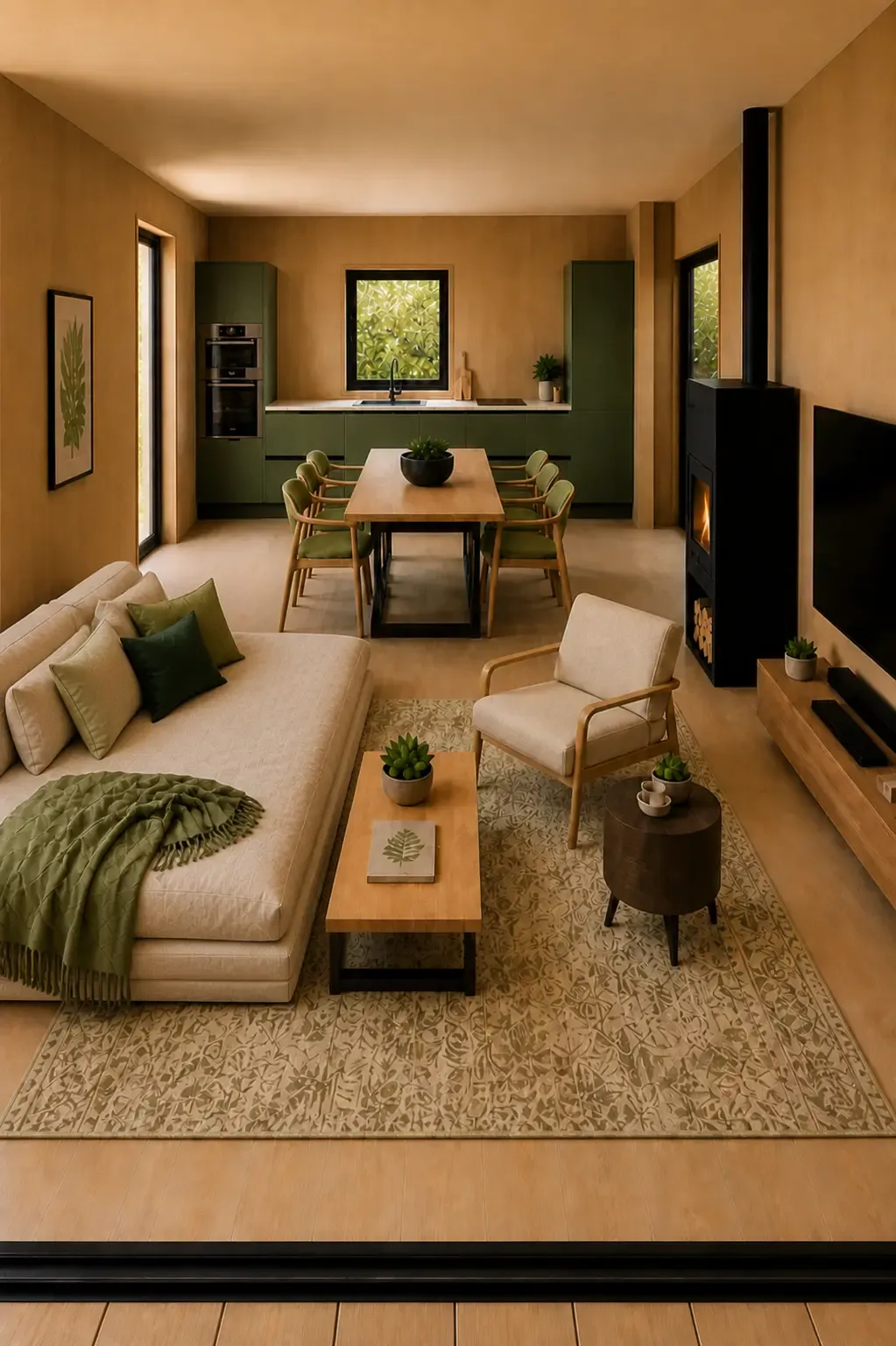 Cozy living room with cream sofa and forest view